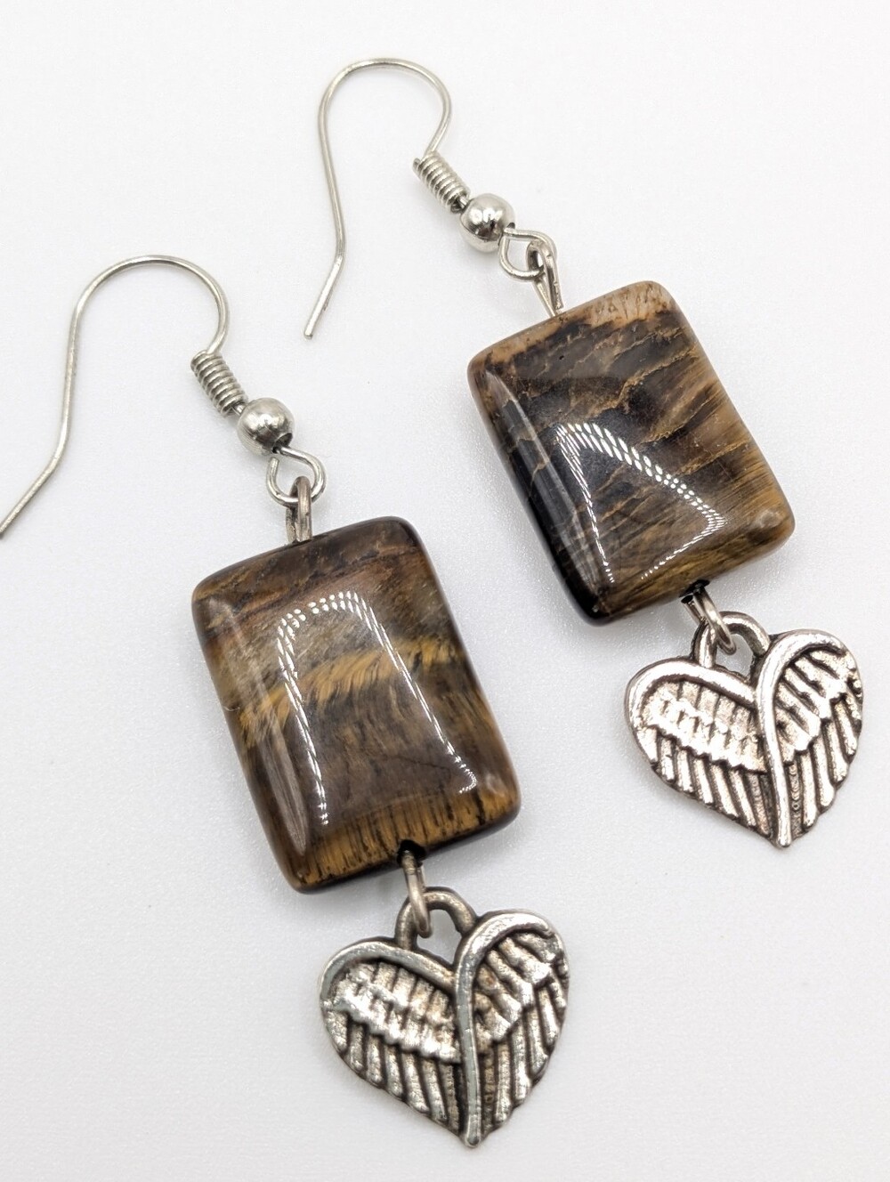 Tiger's Eye Heart Charm Dangle Earrings | Silver Tone Fish Hook Earrings | 2"